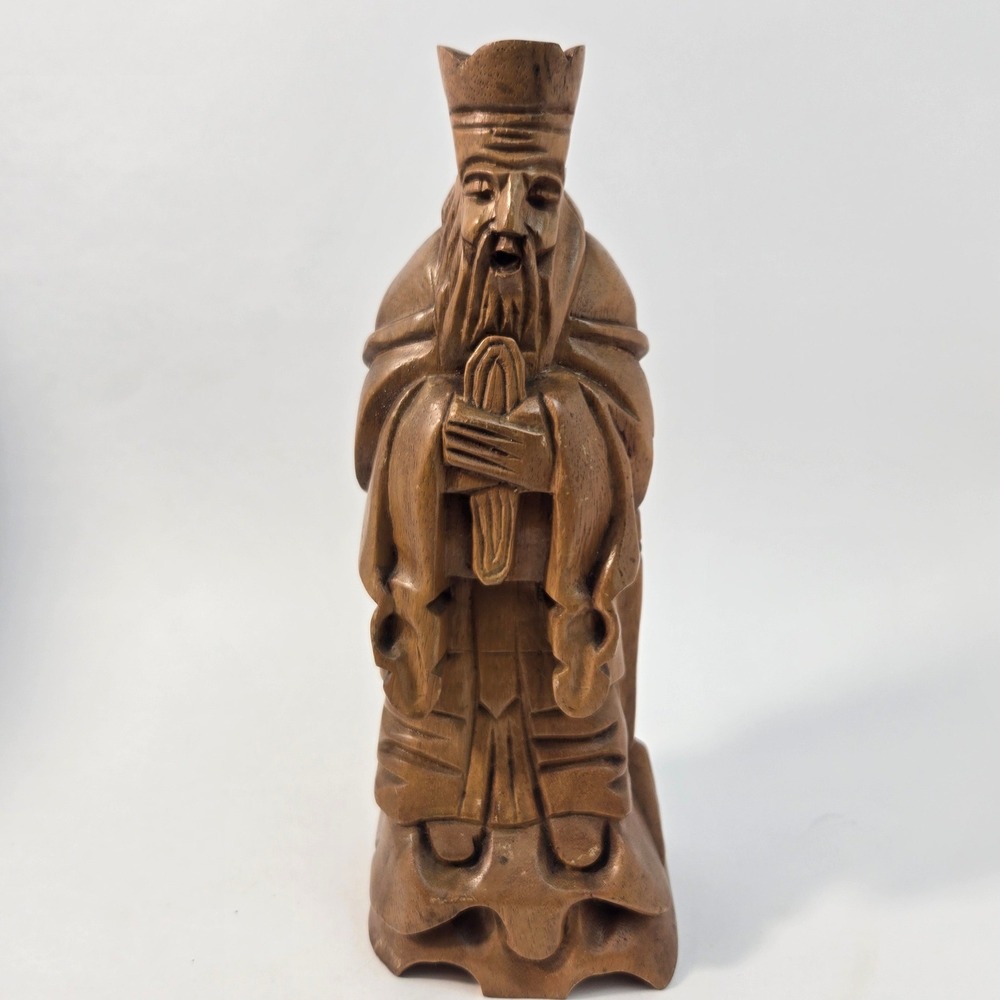 Vintage Hand Carved Wood Chinese Wise Man Immortal Figurine Beard Statue 12 Inch